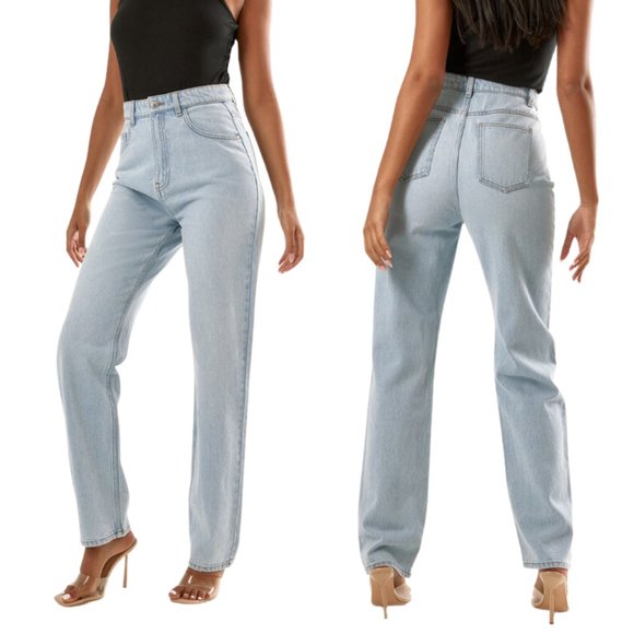 PrettyLittleThing Denim - PrettyLittleThing Jeans Relaxed Fit High Rise Straight Leg Denim Light Wash SZ 4